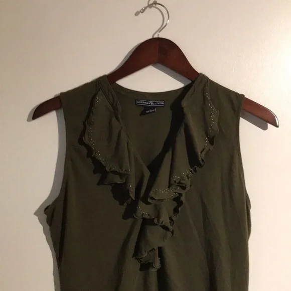 American Living Women's Olive Ruffle Neck Sleeveless Cotton Blouse Top Size L - Picture 16 of 16